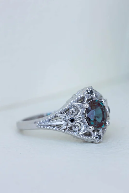 Men's Opal Engagement Rings in 10K Gold with a Milgrain - Trimmed BandAlexandrite and black diamonds anniversary ring, white gold stars engagement ring / Galaxia Men's Opal Engagement Rings in 10K Gold with a Milgrain - Trimmed BandAlexandrite and black diamonds anniversary ring, white gold stars engagement ring / Galaxia