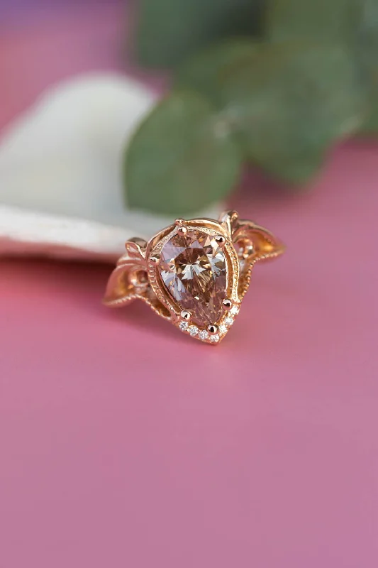 Men's Aquamarine Engagement Rings in 9K Gold with a Bezel - Set StoneREADY TO SHIP: Lida ring in 14K rose gold, champagne colour natural diamond, pear cut 10x7 mm, accent moissanites, AVAILABLE RING SIZES: 5 - 8 US