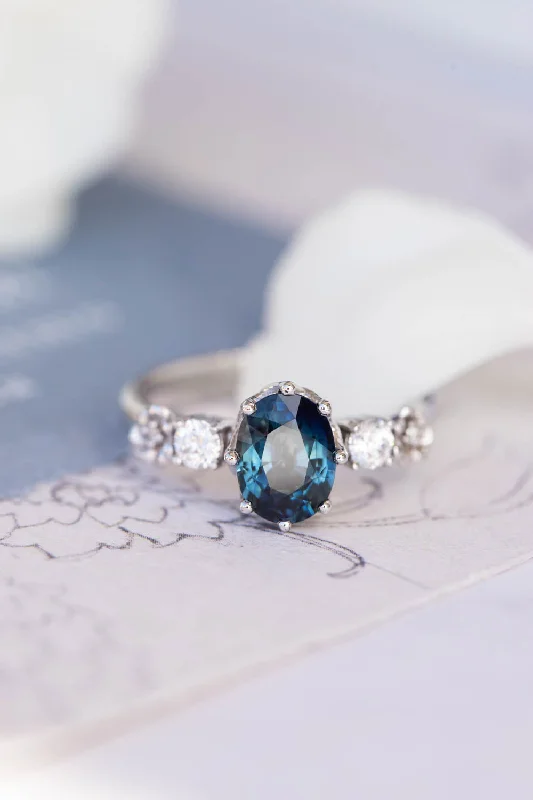 Men's Sapphire Engagement Rings in 18K White Gold with Pave Diamond AccentsNatural teal sapphire engagement ring, white gold engagement ring with diamonds / Fiorella