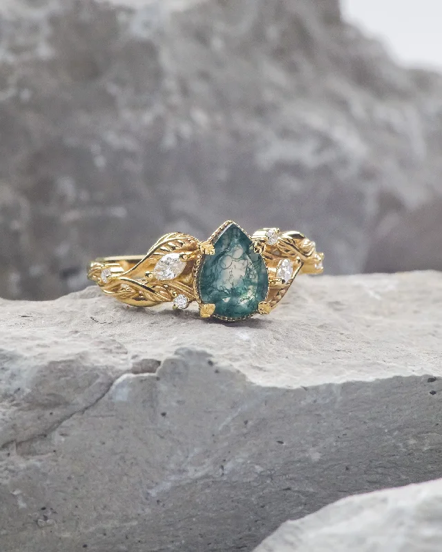 Men's Opal Engagement Rings in 10K Gold with a Milgrain - Trimmed BandREADY TO SHIP: Patricia ring in 14K or 18K yellow gold, natural moss agate pear cut 8x6 mm, accent lab grown diamonds, AVAILABLE RING SIZES: 5.5 - 9.5 US