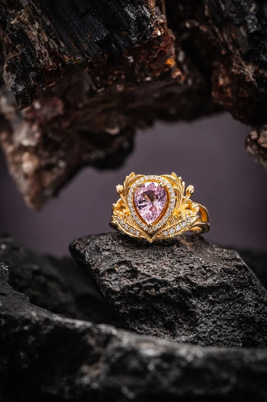 Men's Alexandrite Engagement Rings in Platinum with a Hidden Halo of DiamondsPear pink sapphire engagement ring, gold nature inspired ring with diamond halo / Adonis halo