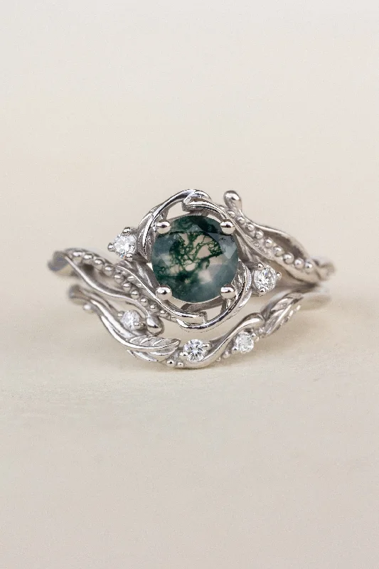 Men's Diamond Engagement Rings with Platinum Band and Halo Setting for a Luxury ProposalREADY TO SHIP: Hypnotic Undina set with natural moss agate in 18K white gold with diamonds, AVAILABLE RING SIZES: 7-9 US