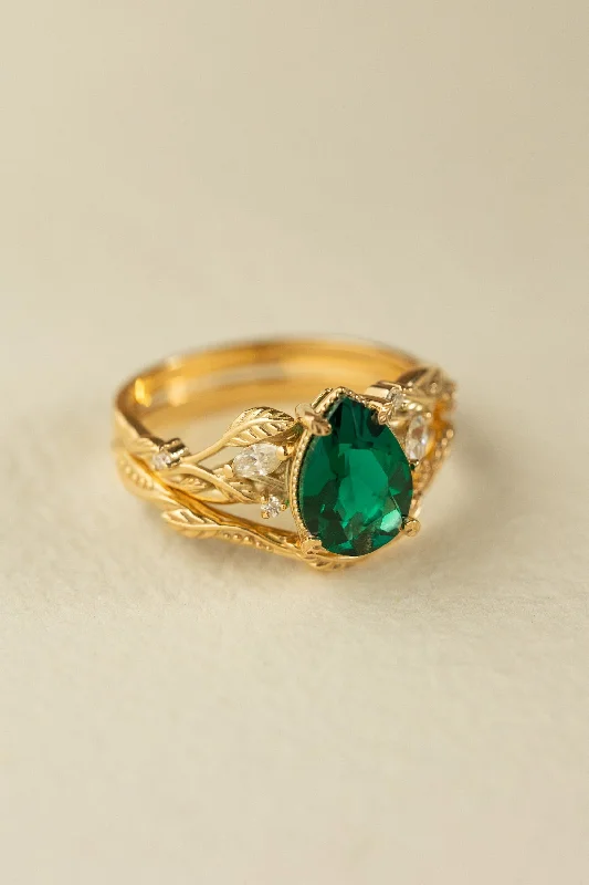 Men's Topaz Engagement Rings in 10K Gold with a Channel - Set Diamond BandBig lab emerald & Curved twig wedding band bridal ring set  with diamonds / Patricia