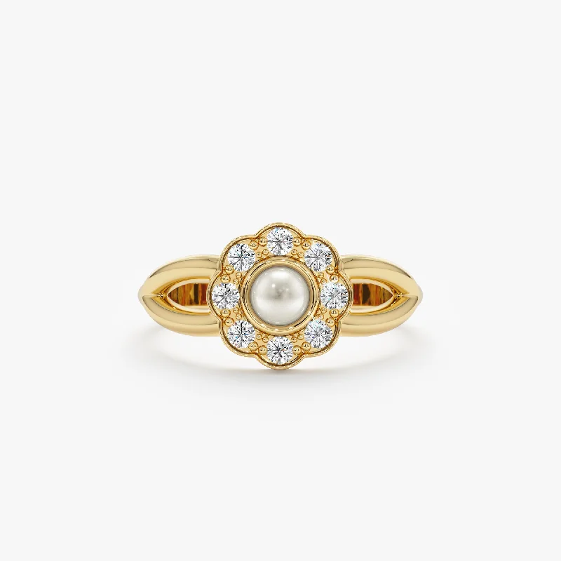 Men's Peridot Engagement Rings in 14K Gold - Filled Metal with a Micro - Pave SettingSingle Pearl Diamond Flower Ring, Dahlia