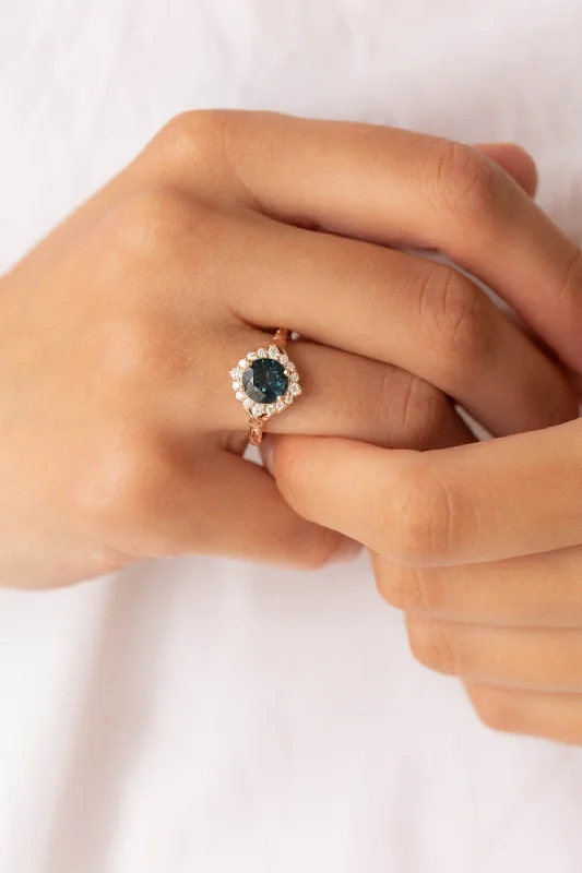 Men's Tourmaline Engagement Rings in 18K Two - Tone Gold with a Floral - Inspired SettingREADY TO SHIP: Florentina ring in 14K rose gold, natural sapphire 8 mm, moissanites, AVAILABLE RING SIZES: 5.5 - 8.5 US