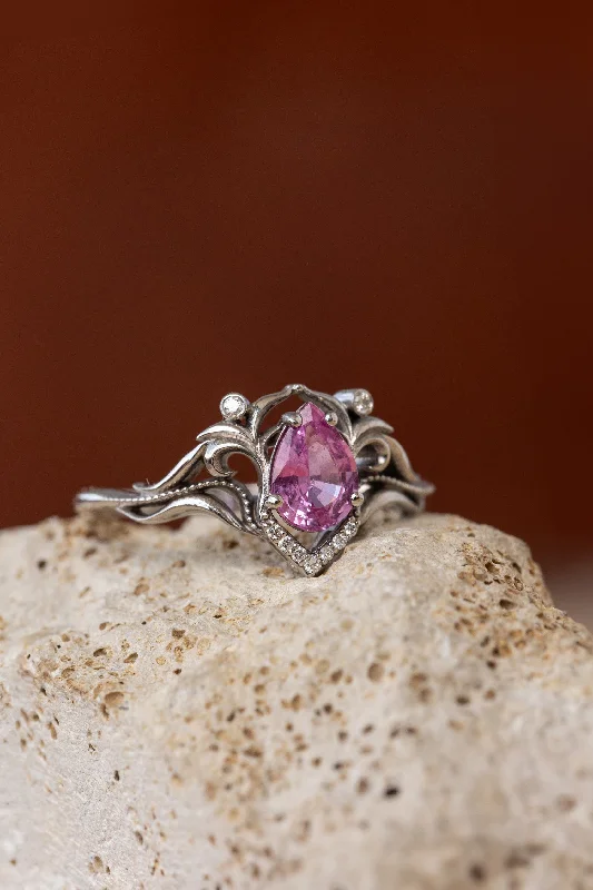 Men's Tanzanite Engagement Rings in Palladium with a Three - Stone ArrangementREADY TO SHIP: Lida art nouveau engagement ring in 14K white gold, natural pink sapphire with natural diamonds, RING SIZE: 5.75 - 8.75