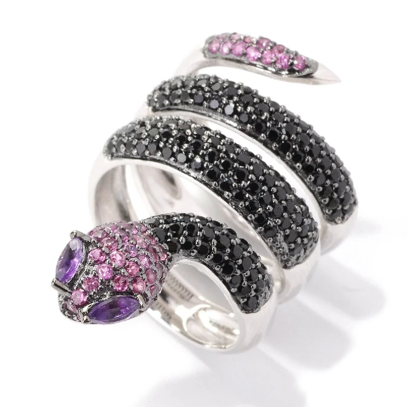 Agate Gemstone Rings in Sterling Silver with a Mosaic - Inspired Inlay for a Bohemian StyleSterling Silver 2.41Ctw Black Spinel and Multi Gem Snake Wrap Ring Agate Gemstone Rings in Sterling Silver with a Mosaic - Inspired Inlay for a Bohemian StyleSterling Silver 2.41Ctw Black Spinel and Multi Gem Snake Wrap Ring