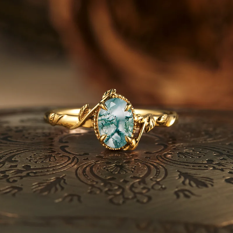 Men's Diamond Engagement Rings with Platinum Band and Halo Setting for a Luxury ProposalGemsMagic Oval Moss Agate Natural Inspired Leaf Engagement Ring