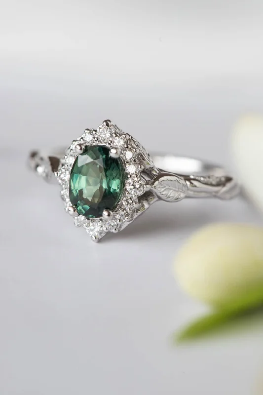 Men's Aquamarine Engagement Rings in 9K Gold with a Bezel - Set StoneGenuine teal sapphire engagement ring, white gold engagement ring with diamond halo / Florentina