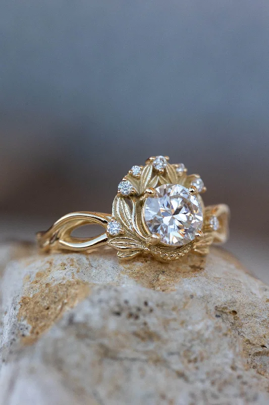 Men's Sapphire Engagement Rings in 18K White Gold with Pave Diamond AccentsREADY TO SHIP: Nika ring in 14K yellow gold, moissanite round cut 6.5 mm, accent moissanites, AVAILABLE RING SIZES: 5.5 - 8.5 US