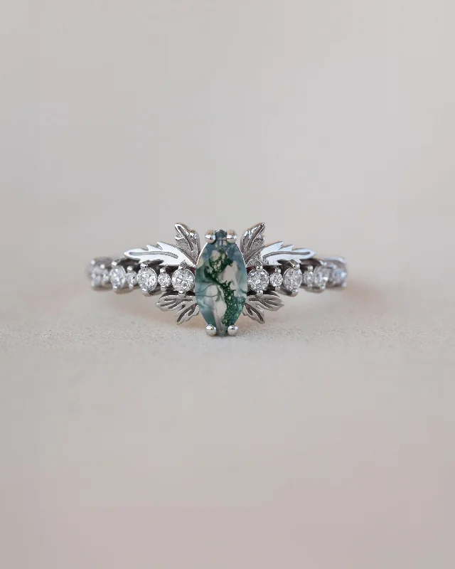 Men's Black Onyx Engagement Rings Set in Titanium for a Modern and Bold LookREADY TO SHIP: Verbena ring in 18K white gold, natural moss agate marquise cut 8x4 mm, accents lab grown diamonds, RING SIZE: 5.5 - 8.5 US