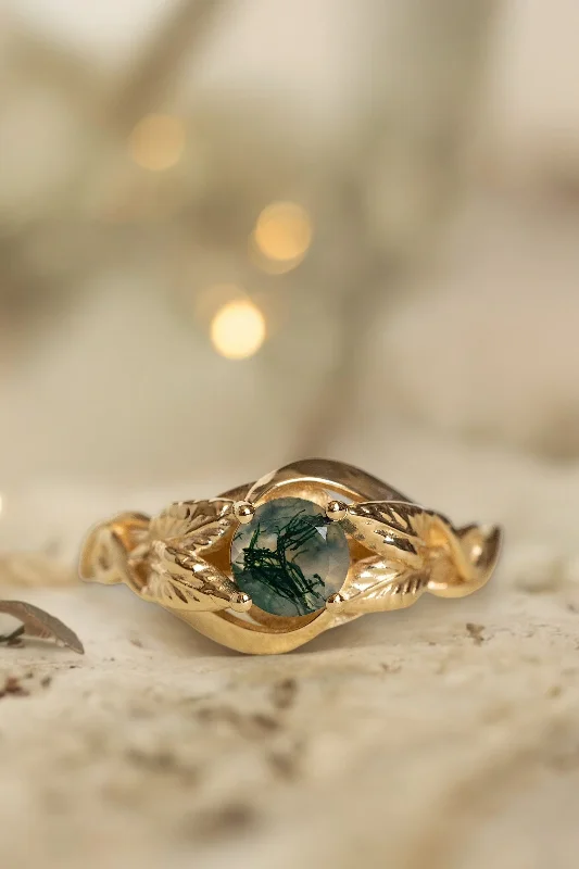 Men's Tourmaline Engagement Rings in 18K Two - Tone Gold with a Floral - Inspired SettingREADY TO SHIP: Azalea ring in 14K yellow gold, natural moss agate round cut 5 mm, AVAILABLE RING SIZES: 3.5 - 9.5 US