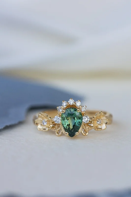 Men's Turquoise Engagement Rings in 925 Silver with a Southwestern - Inspired BandGreen sapphire engagement ring with accent diamonds, flower style gold promise ring / Adelina