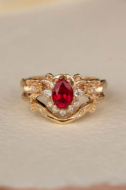 Men's Garnet Engagement Rings in 18K Gold Vermeil with Intricate Engraved DetailsLab ruby bridal ring set with diamond crown, unique flower engagement ring set / Adelina Men's Garnet Engagement Rings in 18K Gold Vermeil with Intricate Engraved DetailsLab ruby bridal ring set with diamond crown, unique flower engagement ring set / Adelina