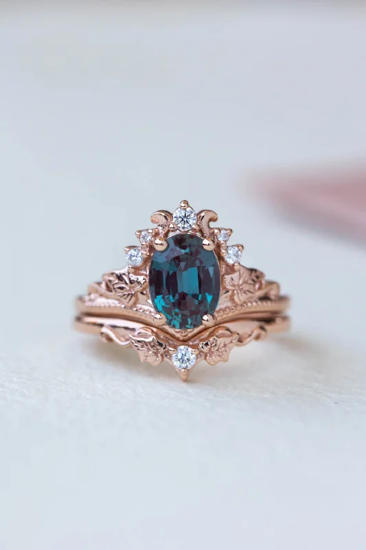 Men's Agate Engagement Rings in Sterling Silver with a Mosaic - Style InlayOval alexandrite engagement ring set, ivy leaves bridal ring set with diamonds  / Ariadne