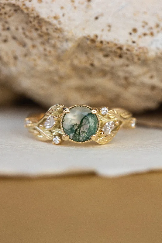 Men's Emerald Engagement Rings with 14K Yellow Gold and Vintage - Style FiligreeRound moss agate engagement ring, gold promise ring with accent diamonds / Patricia