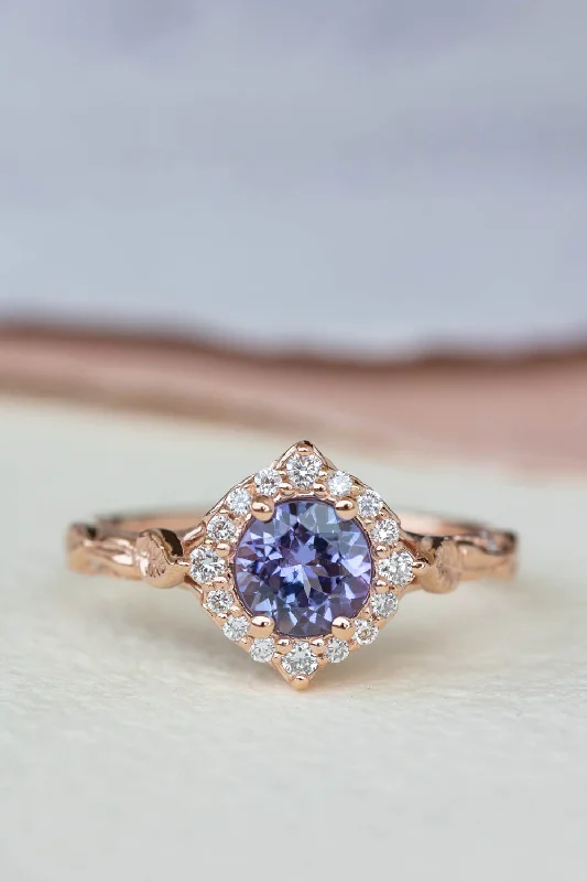 Men's Ruby Engagement Rings in Rose Gold with a Solitaire Design for a Romantic GestureLavender tanzanite engagement ring with diamond halo, rose gold leaves ring with diamonds / Florentina