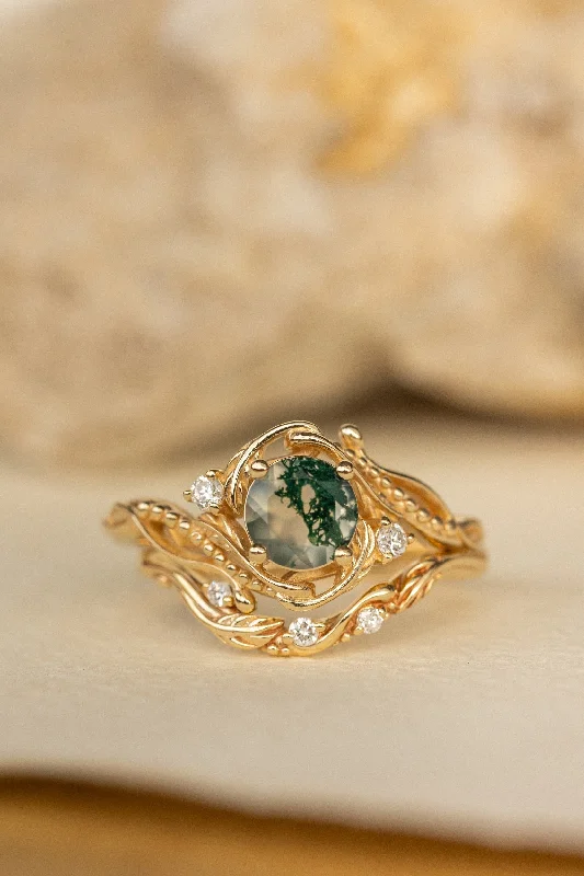 Men's Topaz Engagement Rings in 10K Gold with a Channel - Set Diamond BandREADY TO SHIP: Bridal set Undina beautifully crafted in 14K or 18K yellow gold with moss agate and lab-grown diamonds, AVAILABLE RING SIZES: 6.5 - 9.5 US