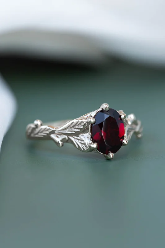 Men's Malachite Engagement Rings in 14K Gold with a Carved Stone CenterpieceOval garnet gold engagement ring, white gold leaves proposal ring / Freesia