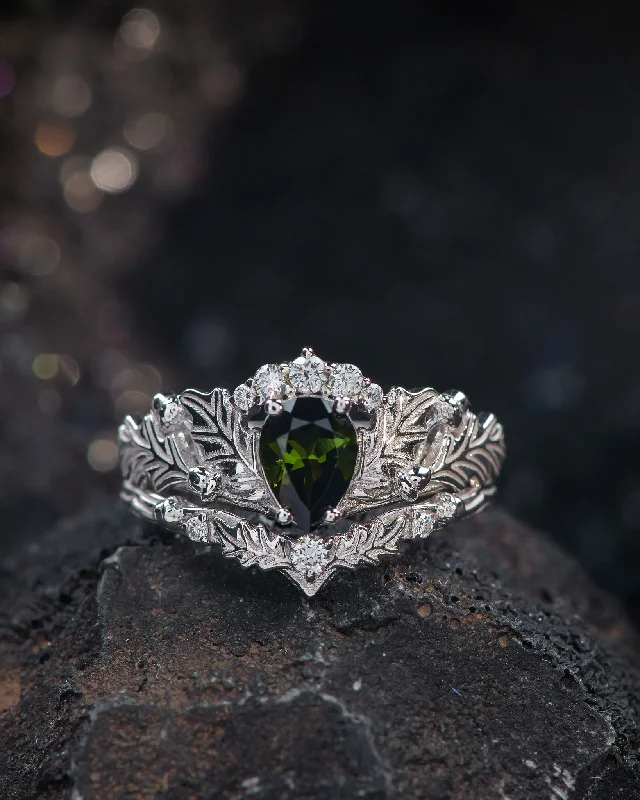 Men's Turquoise Engagement Rings in 925 Silver with a Southwestern - Inspired BandREADY TO SHIP: Oak leaves bridal ring set with natural tourmaline, nature inspired wedding rings, AVAILABLE RING SIZES: 5.5 - 8.5 US
