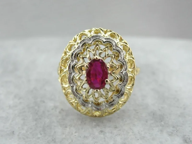 Jasper Gemstone Rings in 18K Gold Vermeil with a Matte Finish for a Subtle and Elegant LookRuby and Bright Gold Filigree Cocktail Ring Jasper Gemstone Rings in 18K Gold Vermeil with a Matte Finish for a Subtle and Elegant LookRuby and Bright Gold Filigree Cocktail Ring