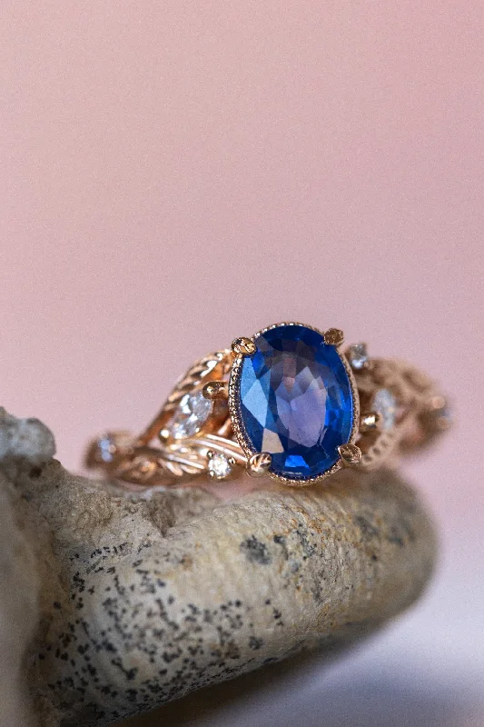 Men's Emerald Engagement Rings with 14K Yellow Gold and Vintage - Style FiligreeNatural oval blue sapphire engagement ring, gold nature inspired ring with accent diamonds / Patricia