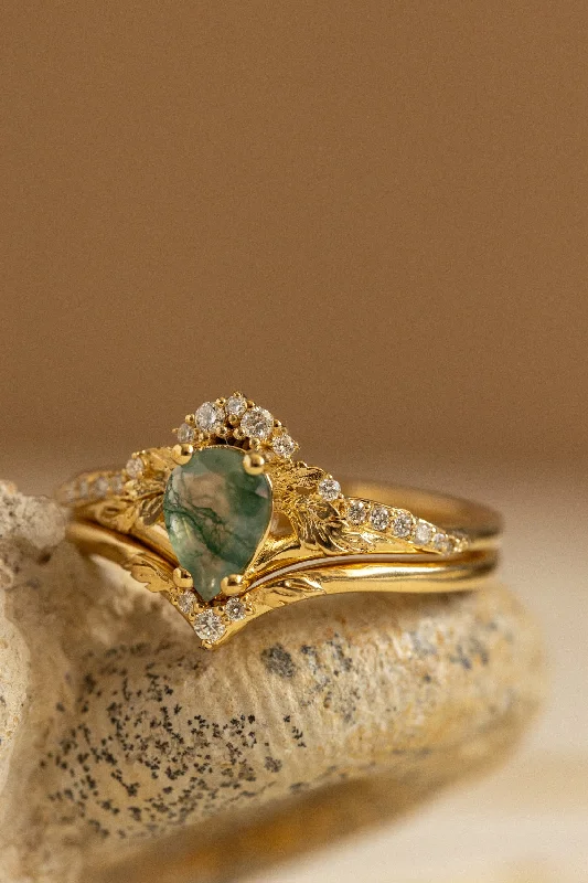Men's Alexandrite Engagement Rings in Platinum with a Hidden Halo of DiamondsNatural green moss agate bridal ring set / Amelia