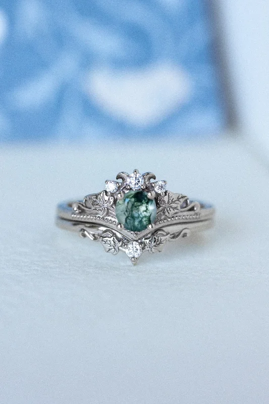 Men's Aquamarine Engagement Rings in 9K Gold with a Bezel - Set StoneREADY TO SHIP: Ariadne bridal ring set in 18K white gold, natural moss agate 5 mm, accent moissanites, AVAILABLE RING SIZES: 8.5 - 11.5 US