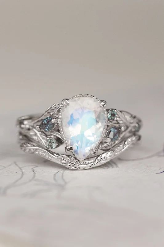 Men's Tourmaline Engagement Rings in 18K Two - Tone Gold with a Floral - Inspired SettingBig pear moonstone bridal ring set, engagement ring set with accent alexandrites / Patricia