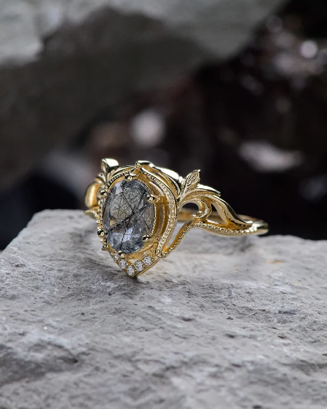 Men's Aquamarine Engagement Rings in 9K Gold with a Bezel - Set StoneOval-cut rutile quartz engagement ring with accent diamonds / Lida