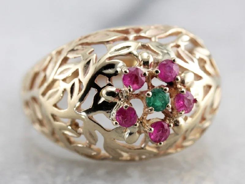 Agate Gemstone Rings in Sterling Silver with a Mosaic - Inspired Inlay for a Bohemian StyleHigh Domed Leaf Motif Emerald and Ruby Cluster Ring Agate Gemstone Rings in Sterling Silver with a Mosaic - Inspired Inlay for a Bohemian StyleHigh Domed Leaf Motif Emerald and Ruby Cluster Ring