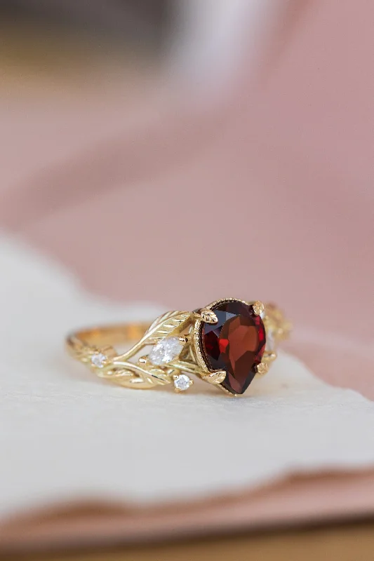 Men's Aquamarine Engagement Rings in 9K Gold with a Bezel - Set StoneGarnet and diamonds engagement ring, gold branch proposal ring / Patricia