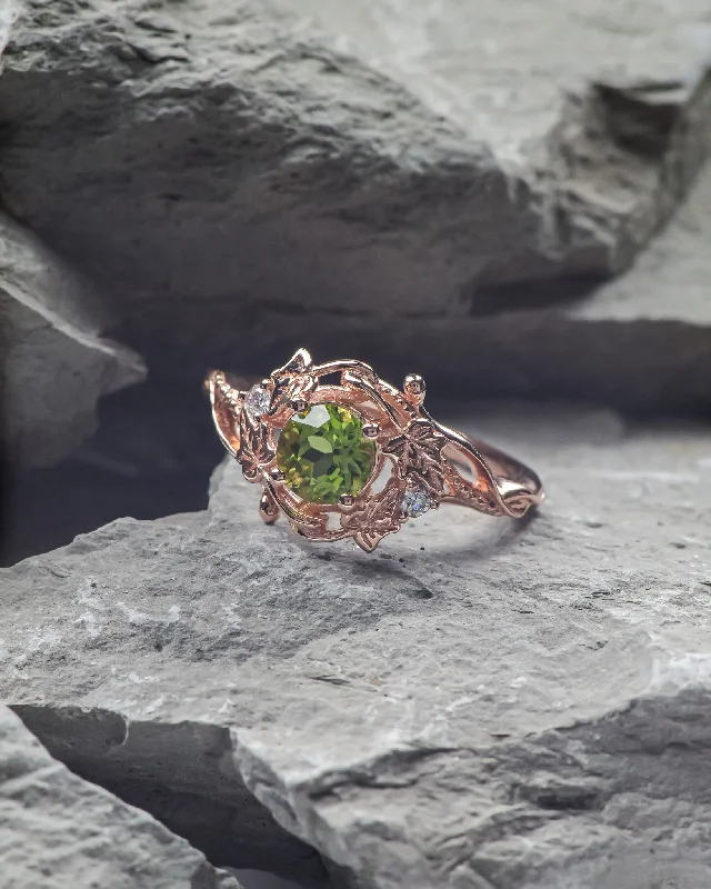 Men's Tanzanite Engagement Rings in Palladium with a Three - Stone ArrangementREADY TO SHIP: Undina engagement ring in 14K rose gold, round peridot & accent lab diamonds, RING SIZES: 5.5 - 8.5 US