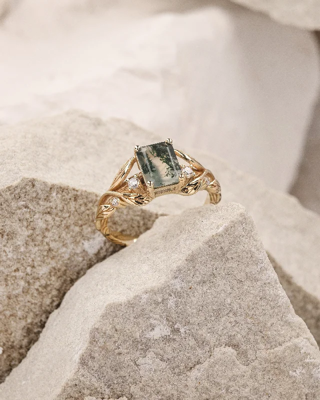 Men's Ruby Engagement Rings in Rose Gold with a Solitaire Design for a Romantic GestureEmerald cut moss agate engagement ring, gold leaves with diamond dew / Clematis Men's Ruby Engagement Rings in Rose Gold with a Solitaire Design for a Romantic GestureEmerald cut moss agate engagement ring, gold leaves with diamond dew / Clematis