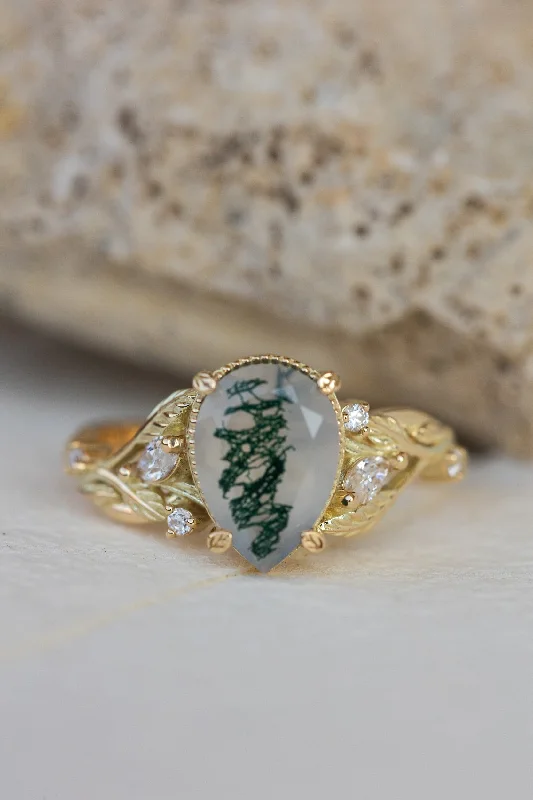 Men's Topaz Engagement Rings in 10K Gold with a Channel - Set Diamond BandBig moss agate engagement ring, gold branch proposal ring with accent diamonds / Patricia