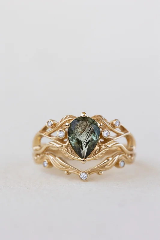 Men's Alexandrite Engagement Rings in Platinum with a Hidden Halo of DiamondsUnique rutile peridot bridal ring set, alternative promise ring with diamonds / Callisto