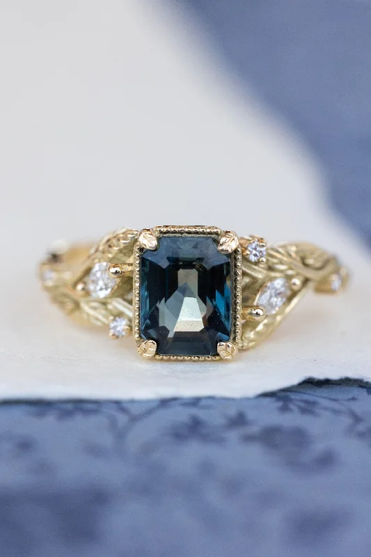 Men's Ruby Engagement Rings in Rose Gold with a Solitaire Design for a Romantic GestureEmerald cut teal sapphire engagement ring, proposal ring with leaves and diamonds / Patricia Men's Ruby Engagement Rings in Rose Gold with a Solitaire Design for a Romantic GestureEmerald cut teal sapphire engagement ring, proposal ring with leaves and diamonds / Patricia