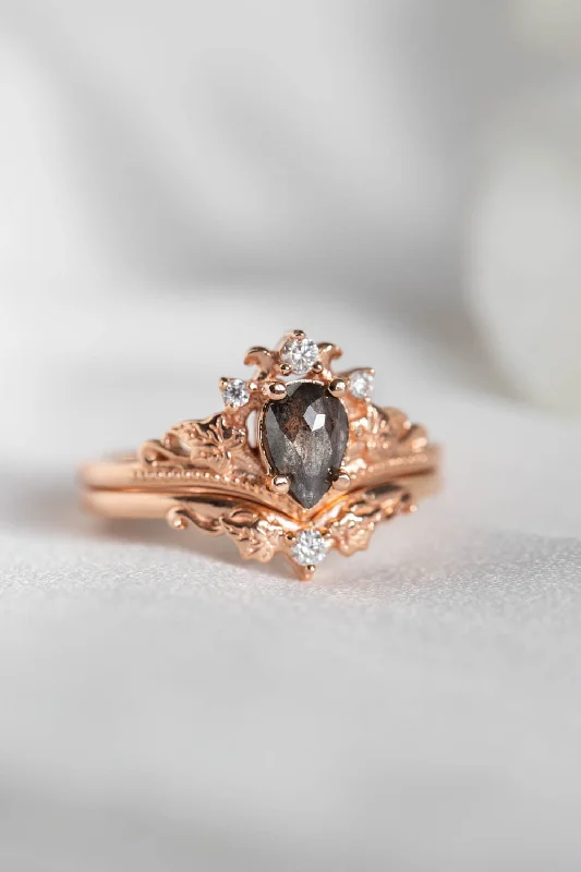 Men's Topaz Engagement Rings in 10K Gold with a Channel - Set Diamond BandRose cut salt and pepper diamond bridal ring set, nature inspired rose gold engagement and wedding rings / Ariadne