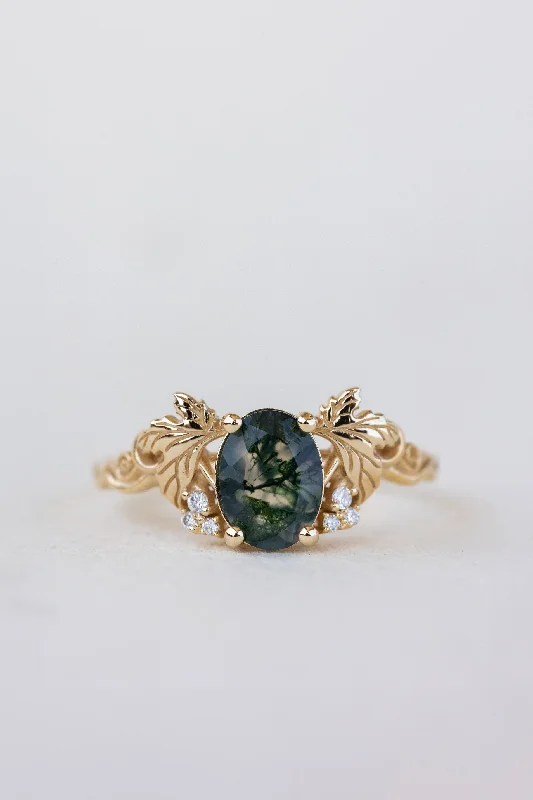 Men's Black Onyx Engagement Rings Set in Titanium for a Modern and Bold LookREADY TO SHIP: Vineyard engagement ring in 14K yellow gold, oval moss agate, accents lab grown diamonds, RING SIZE: 5.5 - 8.5 US