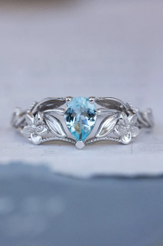 Men's Opal Engagement Rings in 10K Gold with a Milgrain - Trimmed BandREADY TO SHIP: Eloise ring in 14K white gold, natural aquamarine pear cut 7x5 mm, AVAILABLE RING SIZE: 7.5 - 10.5 US