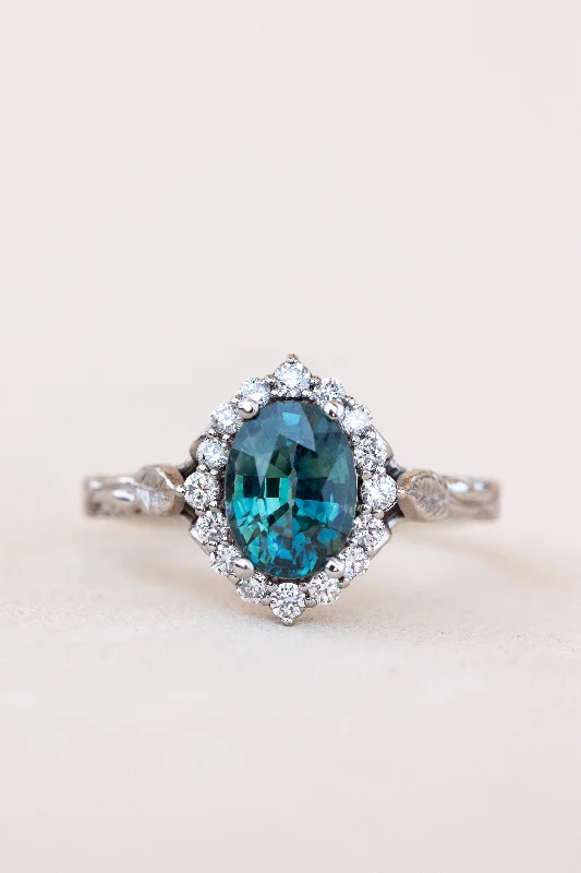 Men's Alexandrite Engagement Rings in Platinum with a Hidden Halo of DiamondsREADY TO SHIP: Florentina ring in 14K white gold, natural teal sapphire oval cut 8x6 mm, accent lab grown diamonds, RING SIZE: 4.5 - 7.5 US