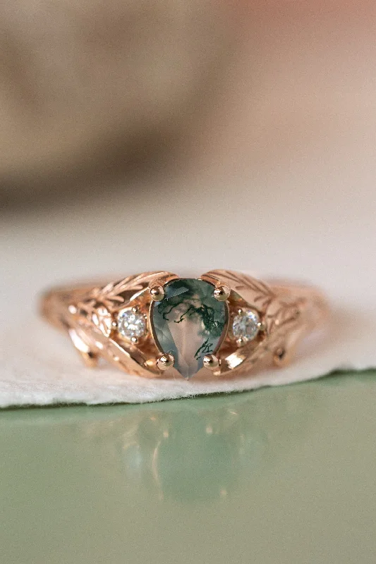 Men's Garnet Engagement Rings in 18K Gold Vermeil with Intricate Engraved DetailsOne of a kind moss agate engagement ring, gold engagement ring with accent diamonds / Wisteria