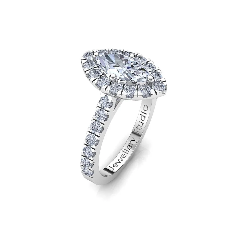 Men's Moonstone Engagement Rings in Silver - Plated Copper with a Celtic Knot PatternDouble Halo Engagement Ring with 0.70ct Marquise Cut Diamond