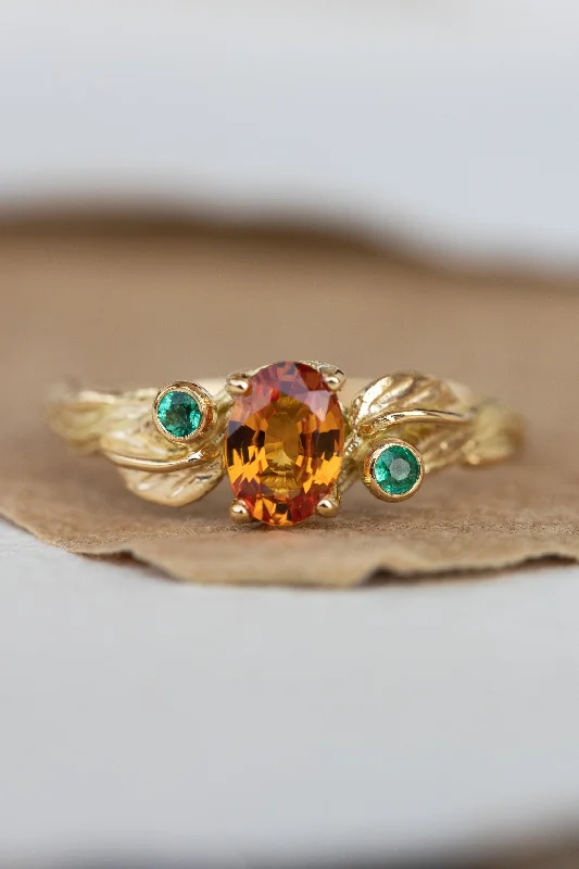 Men's Agate Engagement Rings in Sterling Silver with a Mosaic - Style InlayGenuine orange sapphire and natural emeralds branch engagement ring / Arius Men's Agate Engagement Rings in Sterling Silver with a Mosaic - Style InlayGenuine orange sapphire and natural emeralds branch engagement ring / Arius