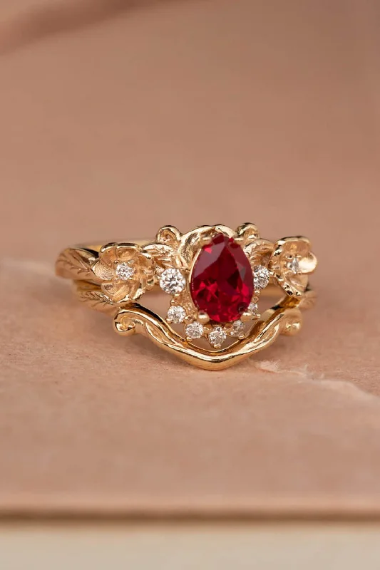 Men's Moonstone Engagement Rings in Silver - Plated Copper with a Celtic Knot PatternREADY TO SHIP: Adelina bridal ring set in 14K yellow gold, lab ruby pear cut 7x5 mm, lab grown diamonds, AVAILABLE RING SIZES: 5.5 - 8.5 US