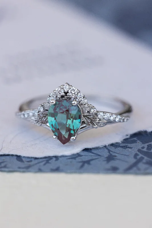 Men's Peridot Engagement Rings in 14K Gold - Filled Metal with a Micro - Pave SettingPear lab alexandrite engagement ring, nature inspired proposal ring with accent diamonds / Amelia Men's Peridot Engagement Rings in 14K Gold - Filled Metal with a Micro - Pave SettingPear lab alexandrite engagement ring, nature inspired proposal ring with accent diamonds / Amelia