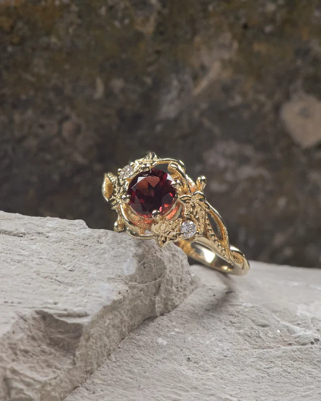 Men's Tanzanite Engagement Rings in Palladium with a Three - Stone ArrangementREADY TO SHIP: Undina engagement ring in 14K yellow gold, round garnet & accent lab diamonds, RING SIZES: 5.5 - 8.5 US
