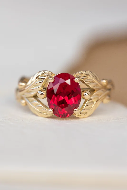 Men's Topaz Engagement Rings in 10K Gold with a Channel - Set Diamond Band1.5 carat lab ruby engagement ring, gold leaves ring with oval shape gemstone / Cornus Men's Topaz Engagement Rings in 10K Gold with a Channel - Set Diamond Band1.5 carat lab ruby engagement ring, gold leaves ring with oval shape gemstone / Cornus
