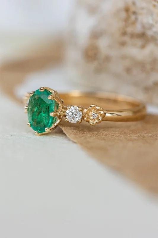 Men's Opal Engagement Rings in 10K Gold with a Milgrain - Trimmed BandNatural oval emerald engagement ring, flower engagement ring with diamonds / Fiorella Men's Opal Engagement Rings in 10K Gold with a Milgrain - Trimmed BandNatural oval emerald engagement ring, flower engagement ring with diamonds / Fiorella