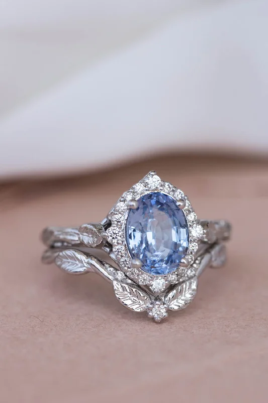 Men's Aquamarine Engagement Rings in 9K Gold with a Bezel - Set StoneGenuine light blue sapphire bridal ring set, diamond halo nature inspired engagement ring set / Florentina Men's Aquamarine Engagement Rings in 9K Gold with a Bezel - Set StoneGenuine light blue sapphire bridal ring set, diamond halo nature inspired engagement ring set / Florentina